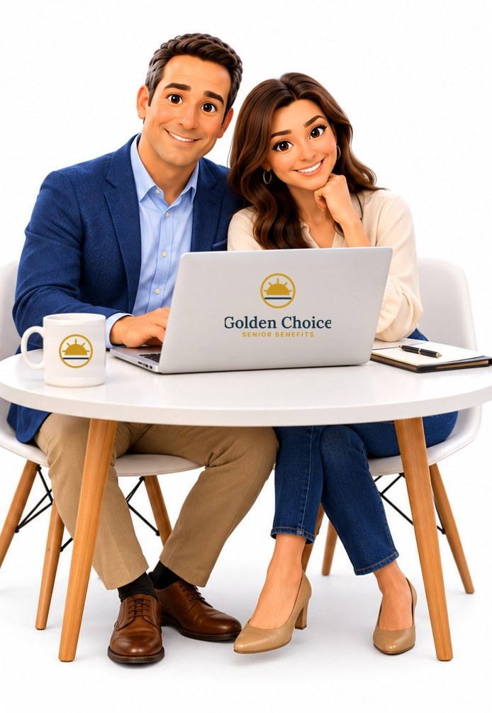 Greg and Darlene of Golden Choice Senior Benefits at a table with a laptop showing the Golden Choice logo